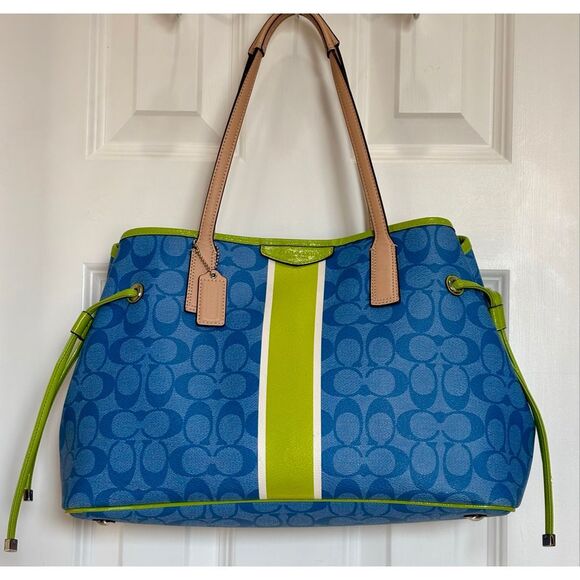 Coach Handbags - COACH  - Signature Stripe Drawstring Carryall Bag in Blue w/Lime Green Trim